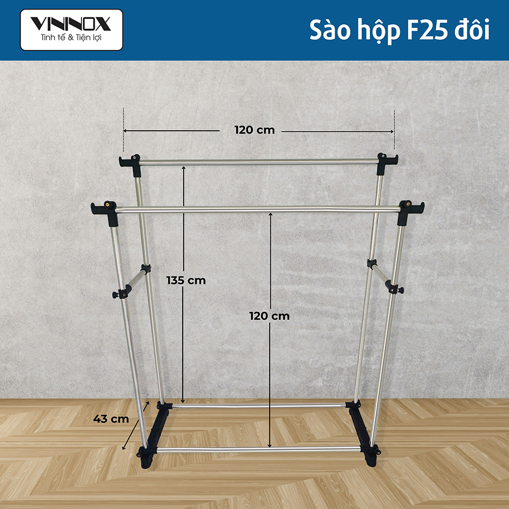 Kích thước sào phơi đồ inox F25 đôi trơn