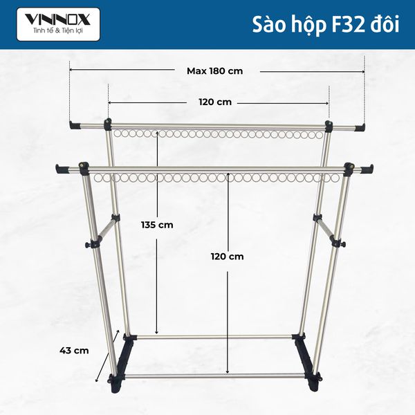 Kích thước sào phơi đồ inox F32 đôi khoen