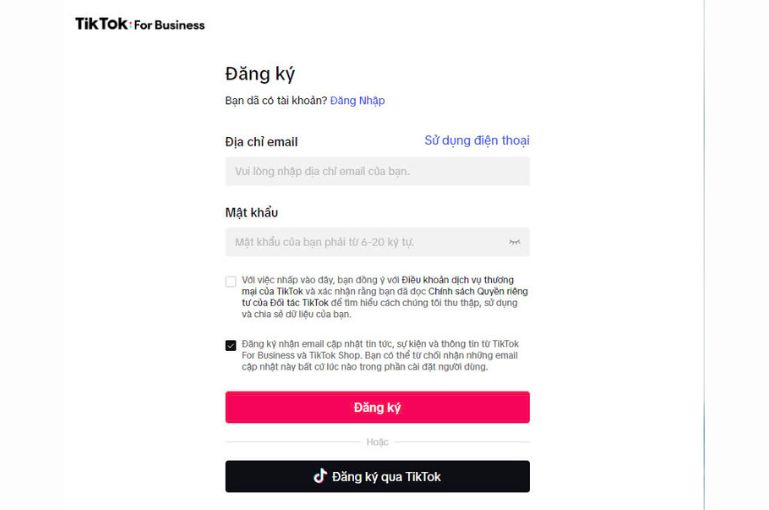 Đăng ký tài khoản quảng cáo trên TikTok