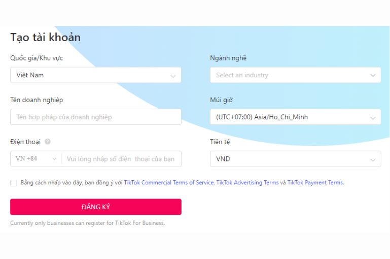 Tạo tài khoản quảng cáo TikTok